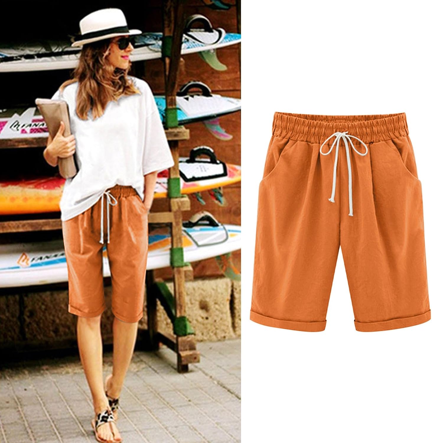 Women's Knee-Length Bermuda Casual Shorts Elastic Waist Athletic Running Half Pants Summer Slacks Loose Short Trousers