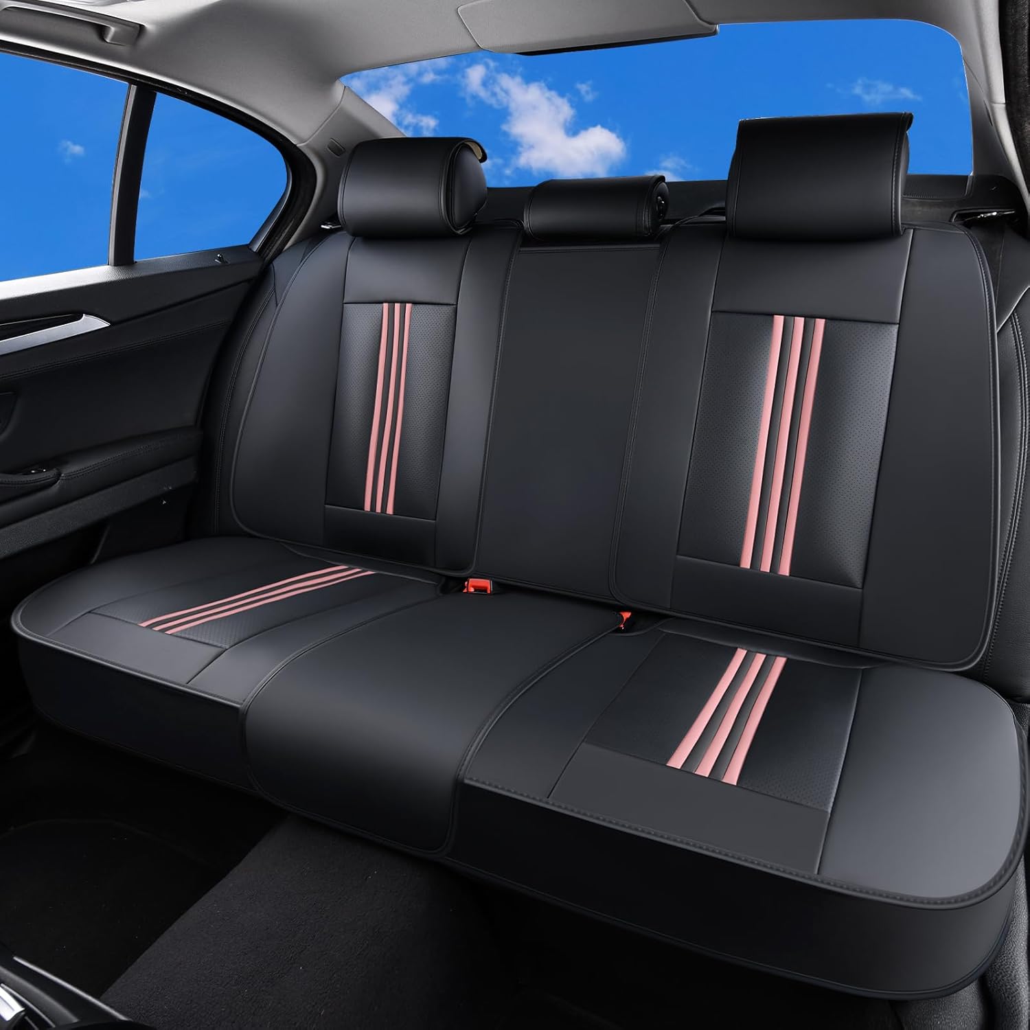 Huidasource Rear Car Seat Cover, Nappa Leather Rear Seat Cover with Ventilation Holes, Velcro Adjustable, Compatible with Armrests, Seat belts, Child Safety Seats, for Most Cars SUV Truck, Black＆ Pink