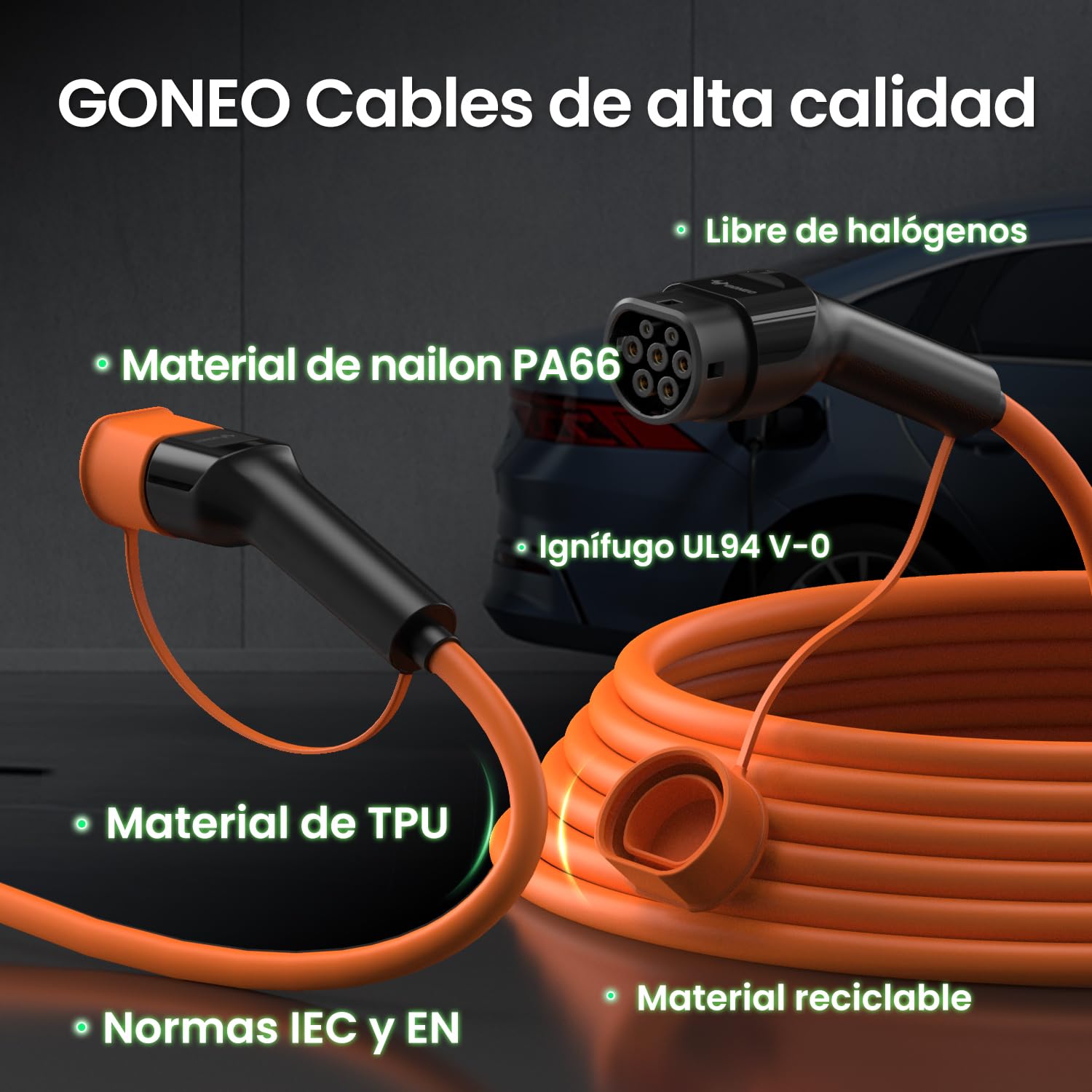GONEO Cable de Carga Tipo 2 11kW 16A 6M Cable de Carga para Vehículos Eléctricos Trifásico Modo 3 Protección IP54 y UL94 V-0 Contactos Plateados Libre de Halógenos Incluye Bolsa de Transporte