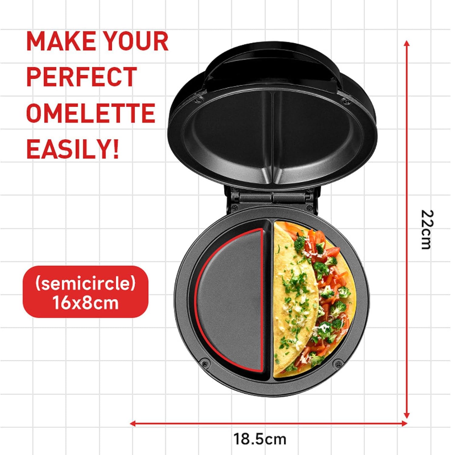 Dual-Zone Electric Omelette Maker, 1000W Double-Sided Egg Cooker with Non-Stick Plates, Indicator Lights, Cool-Touch Handle, Compact Breakfast Maker for 2 Omelettes