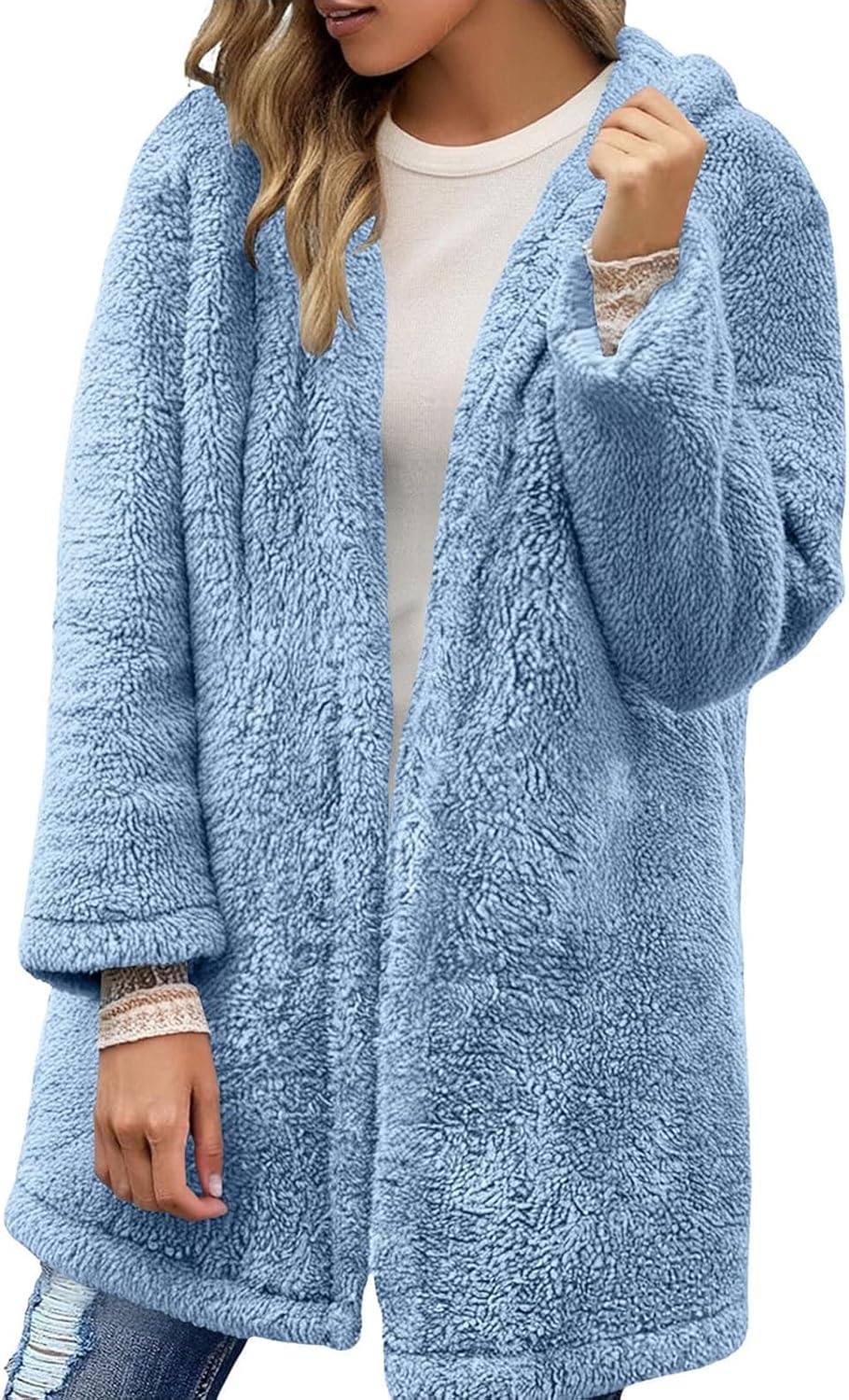 Essentials Hoodie, Fuzzy Women Fuzzy Fleece Open Front Hooded Cardigan Outerwear Fall Warm Coats with Pockets