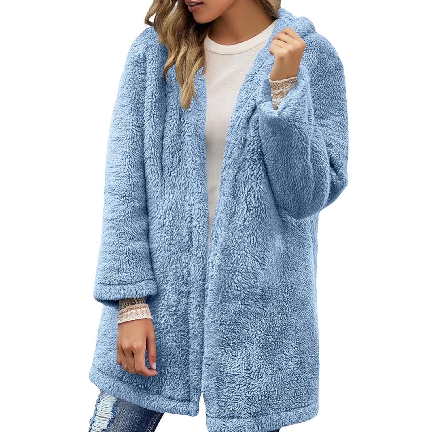 Womens Plush Hooded Cardigan Mid-Length Soft Loungewear Coat Warm Flannel Fall Winter Fashion Jacket