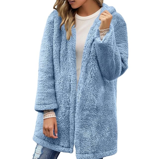 Womens Plush Hooded Cardigan Mid-Length Soft Loungewear Coat Warm Flannel Fall Winter Fashion Jacket