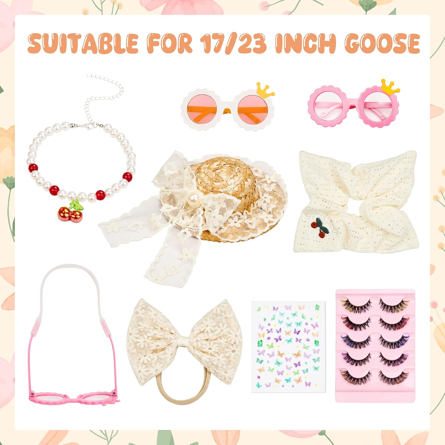 Porch Goose Statue 8pc Accessory Combination Set, White Lace Goose Accessories Kit with Glasses Bow Hat Necklace Stickers for 23 Inch Goose, Elegant Girl Style Yard Decor (White Lace 8PC) image 2