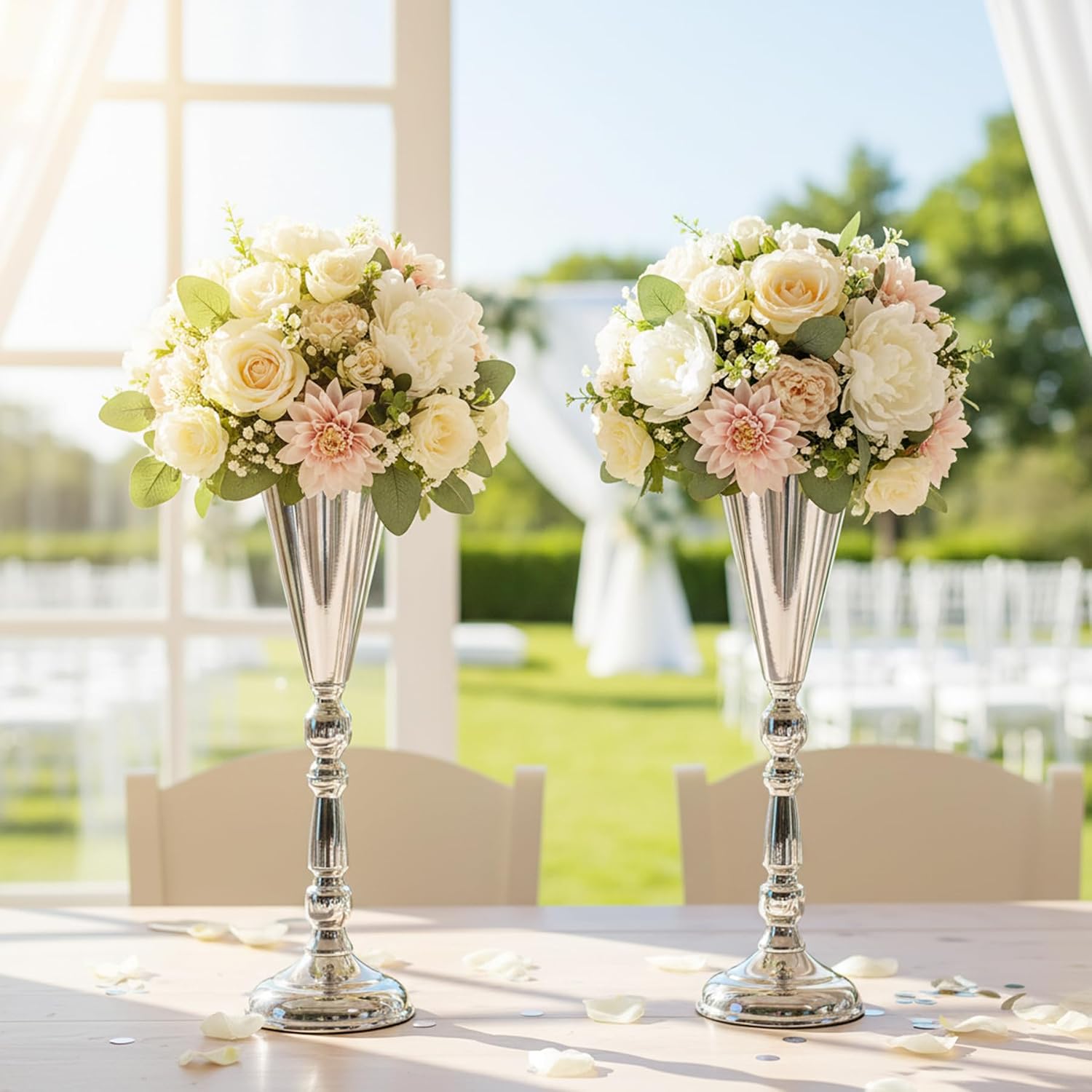 Flower Vases for Centerpiece: 16.7in Metal Wedding Decor Silver Vases, 2pcs image 2