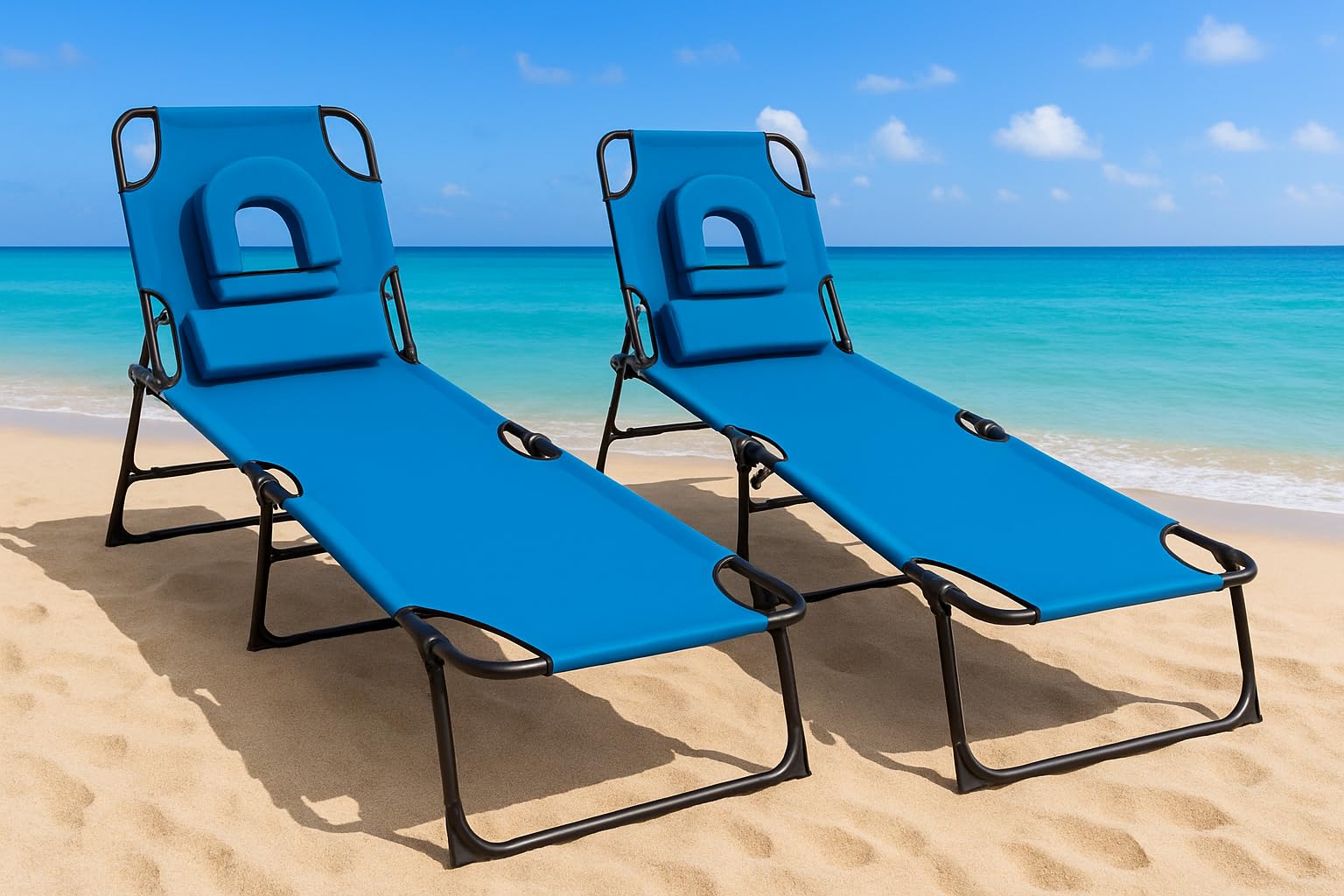 Wadan Sun Loungers Set of 2 | Foldable | 4 Reclining Positions | Sun Lounger Chair with Padded Face Hole | Folding Metal Frame | Extra Cushions | NO Assembly Required