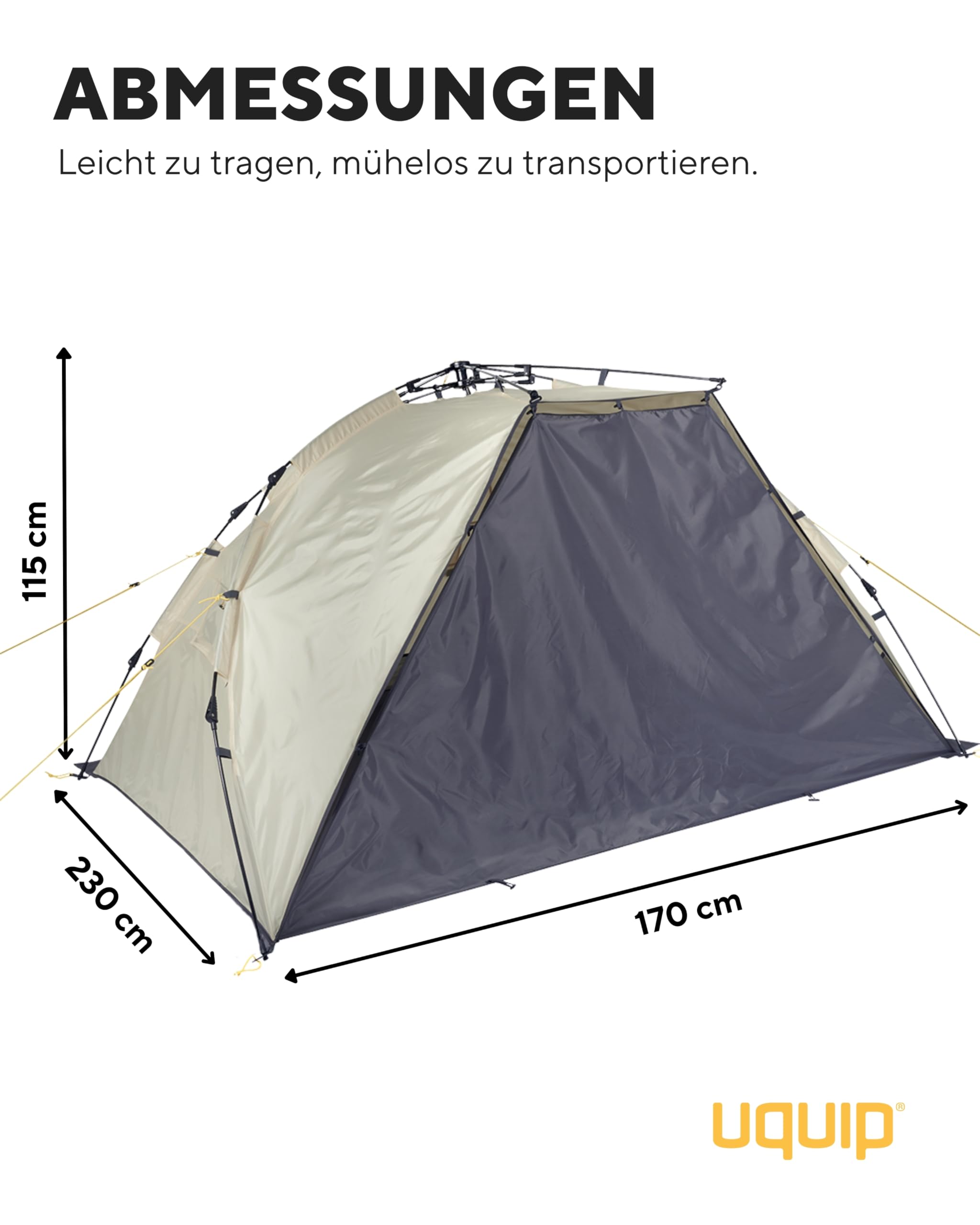 Uquip Strandmuschel Speedy XL Boulder I 170 x 115 x 230 cm I UPF 50+ Strandzelt zum Schutz vor Sonne, Wind & Regen I tragbares Beach Zelt mit Quick-Up System I ideal für Strand, Camping & Picknick