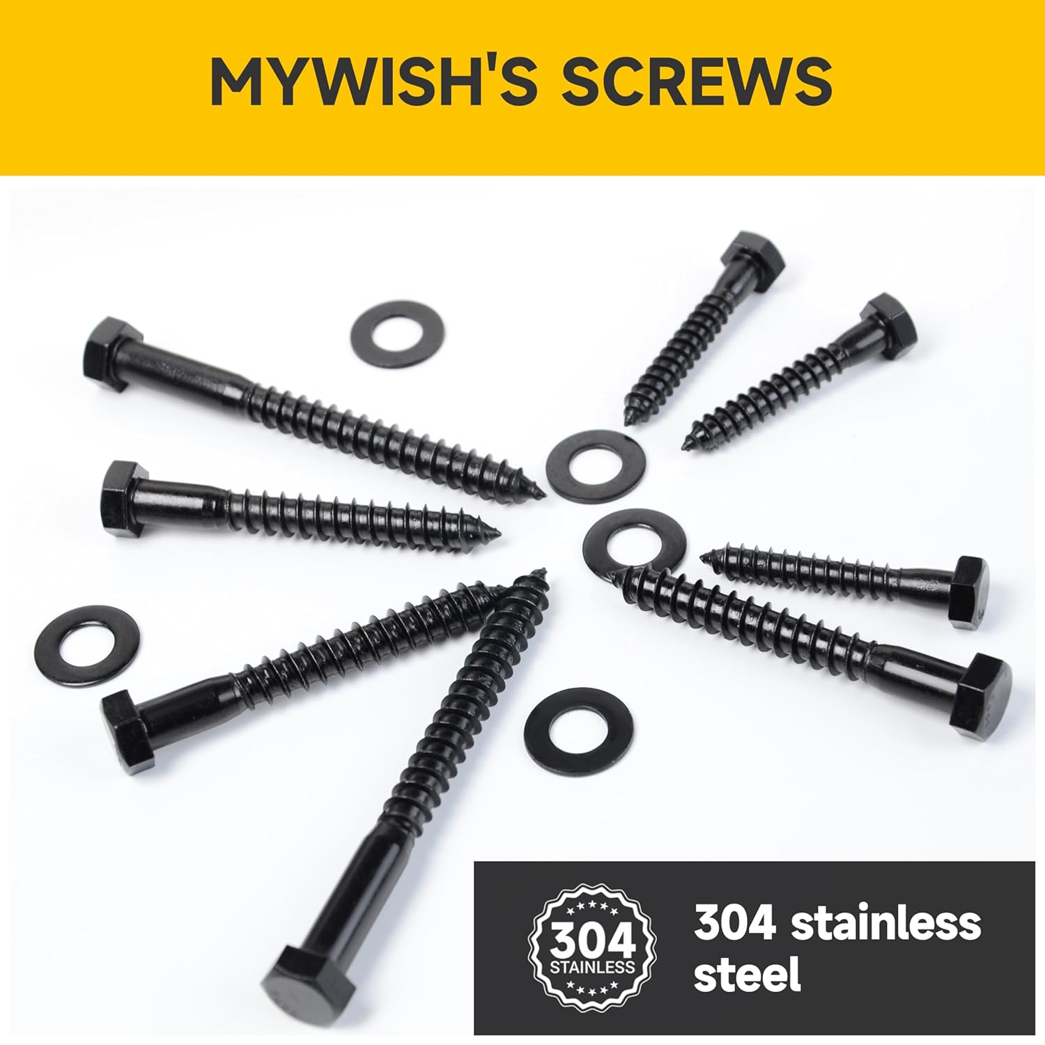 Mywish (15Sets) 1/4" x 4" Hex Head Lag Bolts & 109Pcs 1/4" Hex Head Lag Screws Assortment Kit, Heavy Duty Lag Bolts with Washers, 304 Stainless Steel Bolts 18-8, 5-Size Wood Screws for Outdoor