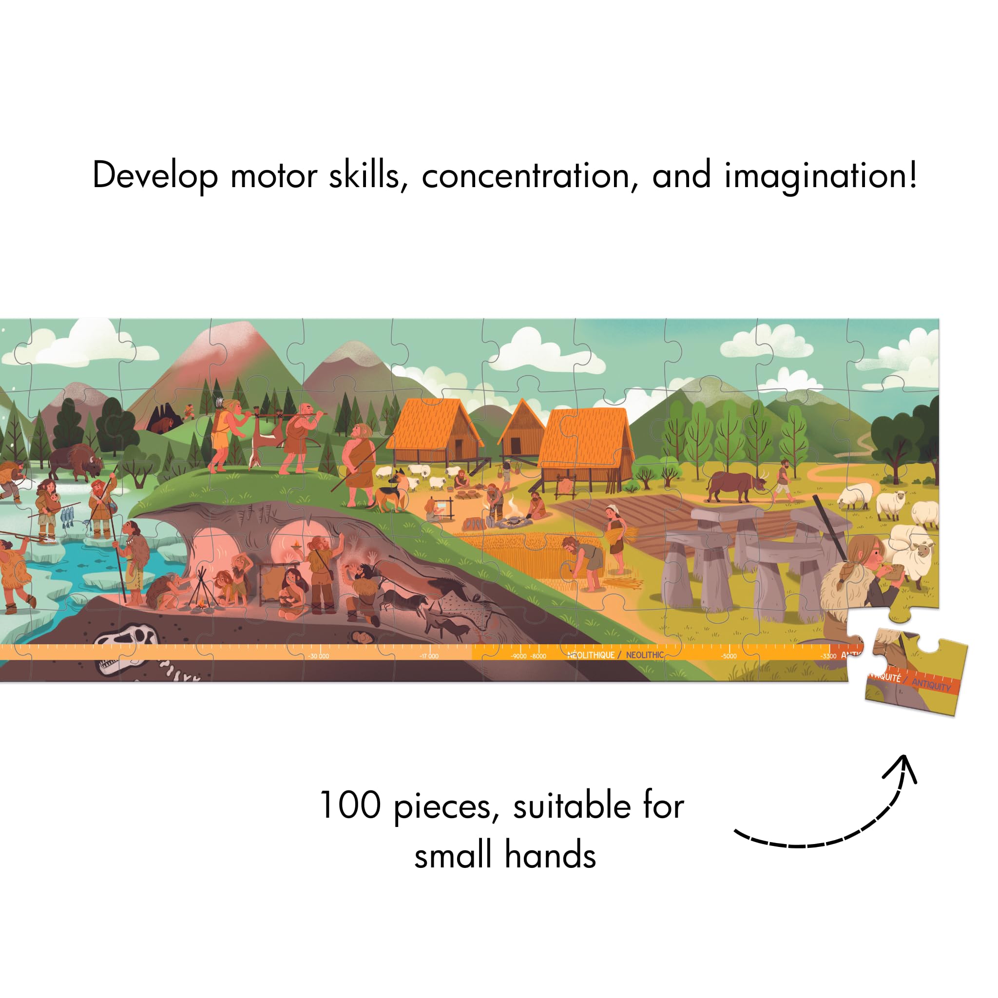 Janod J02558 Kinder-Puzzle mit 100 Teilen, Panorama der Vorgeschichte, Geschenktasche mit Stoffgriff, Alter 6-10 Jahre