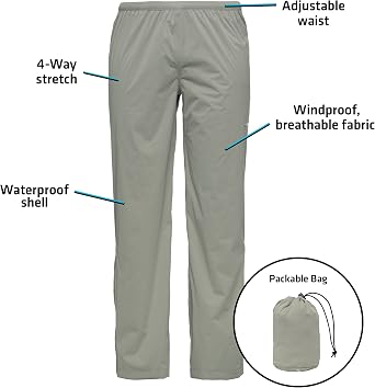 Whitewater Fishing Mens Packable Rain Pants, Lightweight Waterproof Rain Gear
