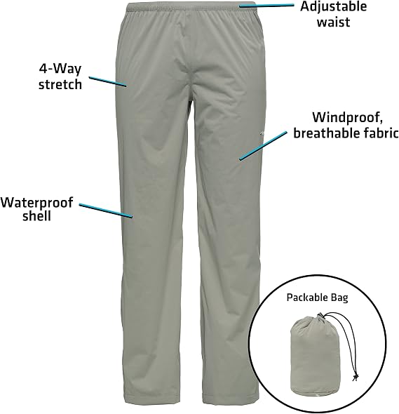 Whitewater Fishing Mens Packable Rain Pants, Lightweight Waterproof Rain Gear