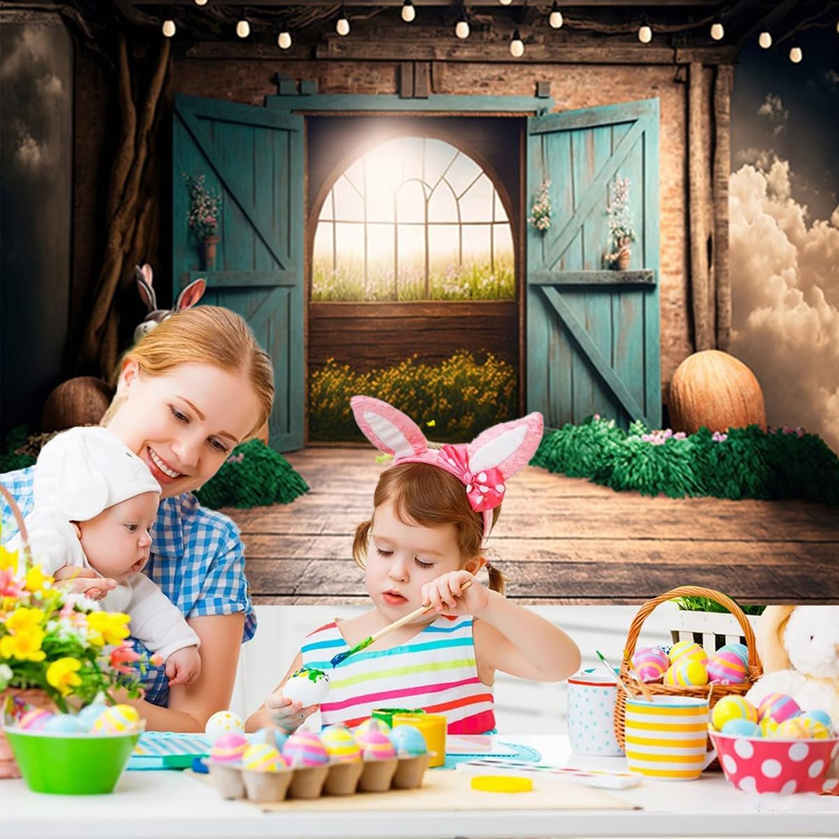 10x8ft Easter Backdrop Rustic Blue Wooden Door Easter Backdrops for Photography Wood Wall Flowers Bunny Spring Background Baby Shower Birthday Photo Studio Props for Photoshoot