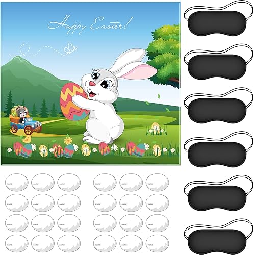Zonon Pin The Tail on The Bunny Juego de fiesta de Pascua cartel con 24 pegatinas de cola de conejito y 6 máscaras de ojo negras