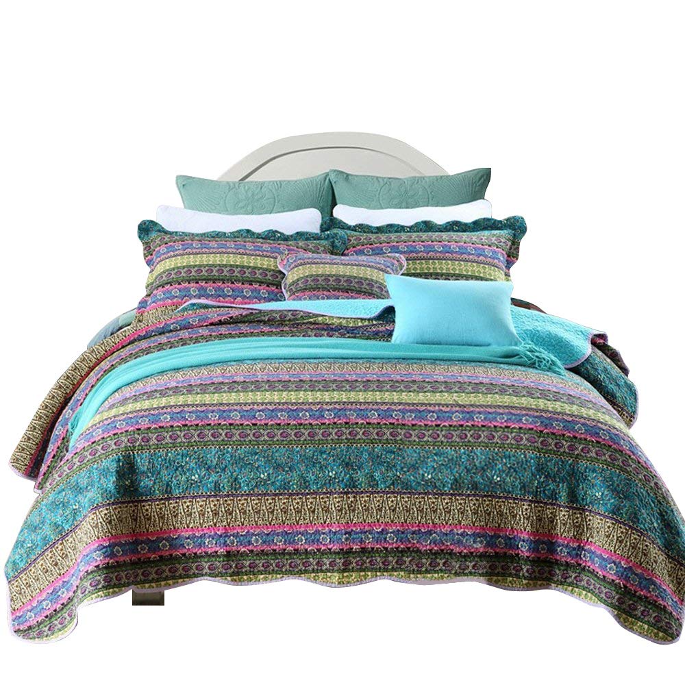 HNNSI3 Piece Cotton Bohemian Comforter Quilt Sets, Striped Patchwork Boho Bedspread Set Queen Size, Gift Bedding sets (Purple blue Striped Patchwork)