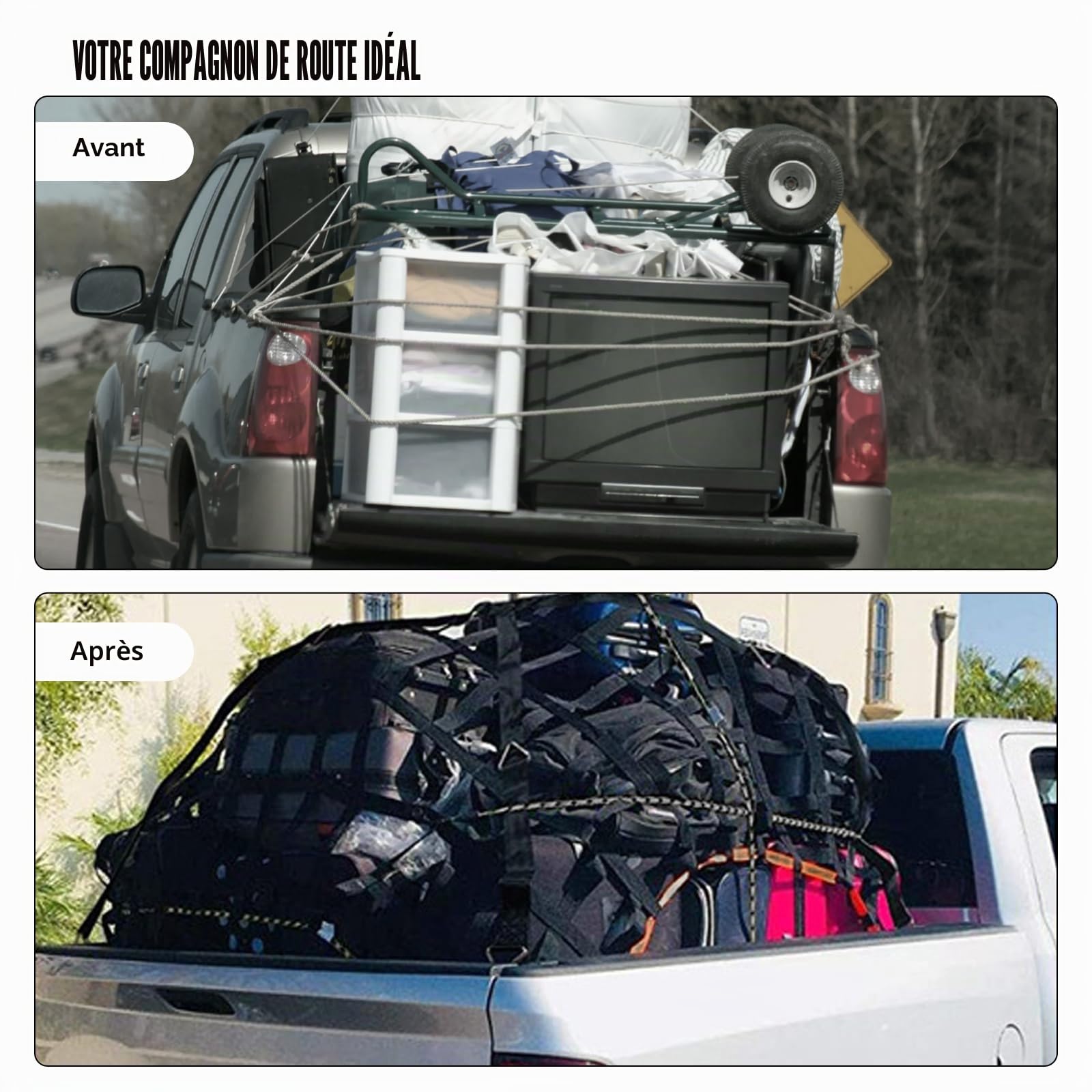 LIROPAU Filet de Chargement pour Pickup Camion Plateau de Chargement | Réglable Filet à bagages lourd pour SUV pickup camion remorque avec 4 sangles fixes et gants (167cm x 127cm)