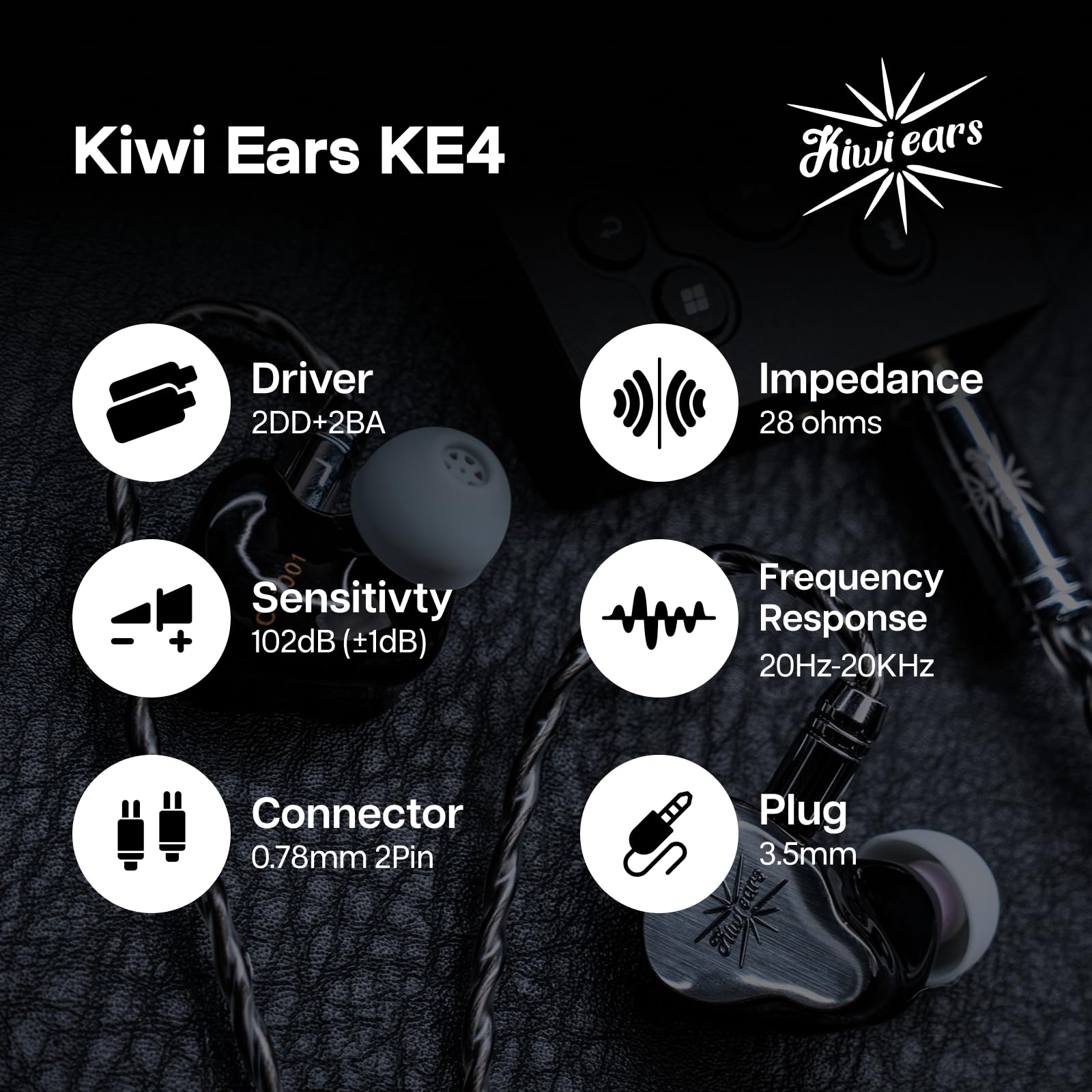 Linsoul Kiwi Ears KE4 in Ear Monitor, Écouteurs Hybrides 2DD+2BA, écouteurs de Jeu, IEM Filaire HiFi, avec câble IEM détachable pour Musicien Audiophile