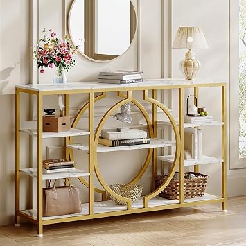 GiftGo 47" Industrial Console Tables for Entryway Rustic Sofa Table Behind Couch 4 Tier Wooden Shelves Entry Table with Storage for Foyer, Hallway, Front Door,Living Room White Gold, 47"