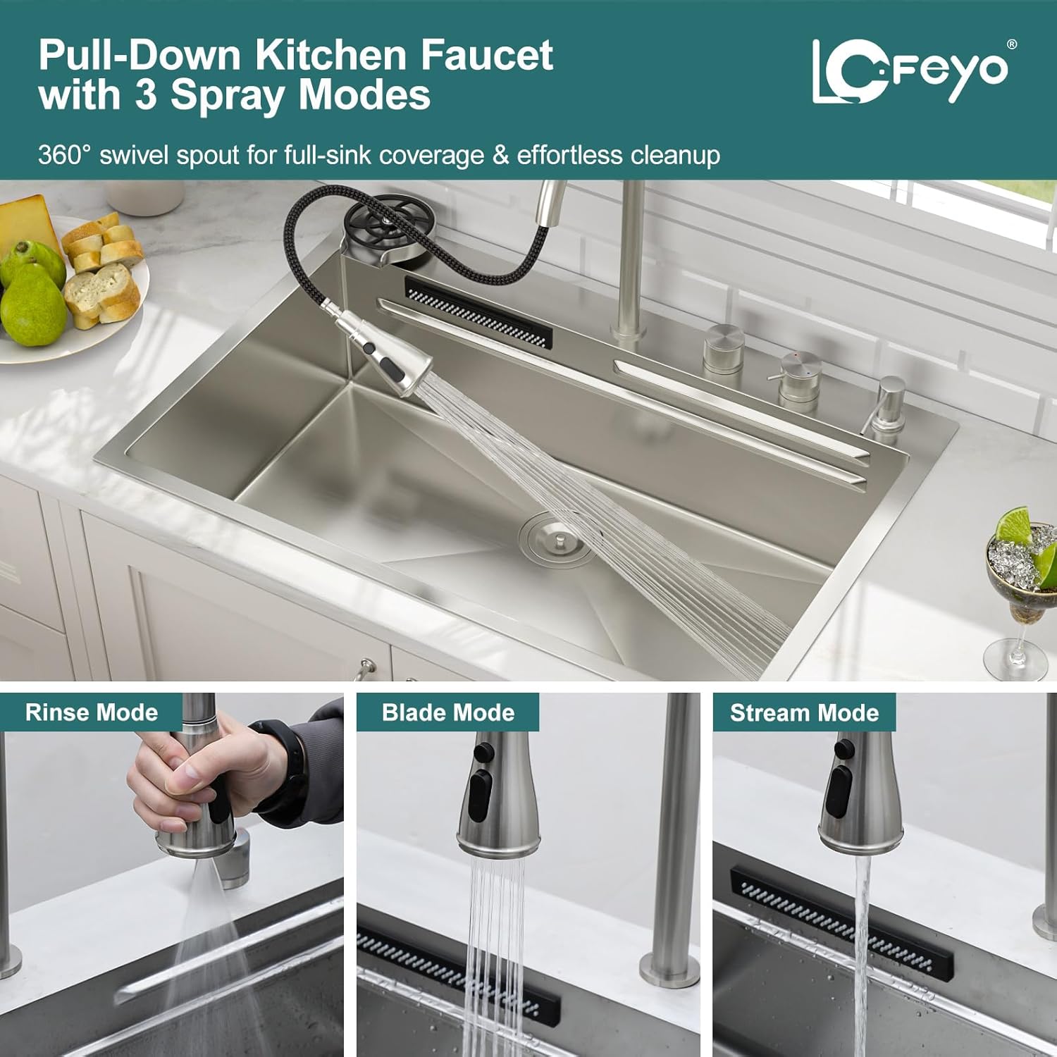 33x22 Inch Waterfall Kitchen Sink Drop In Multifunctional Workstation With Faucet Combo, Topmount 16 Gauge Stainless Steel Single Bowl, Modern Smart Design #LOF-L-DOE00004