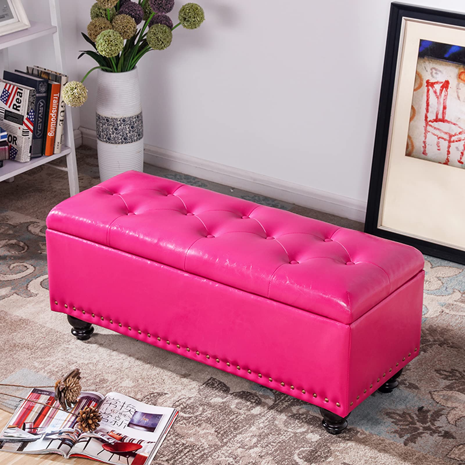 Tabouret de rangement moderne rose rouge pour salon et chambre