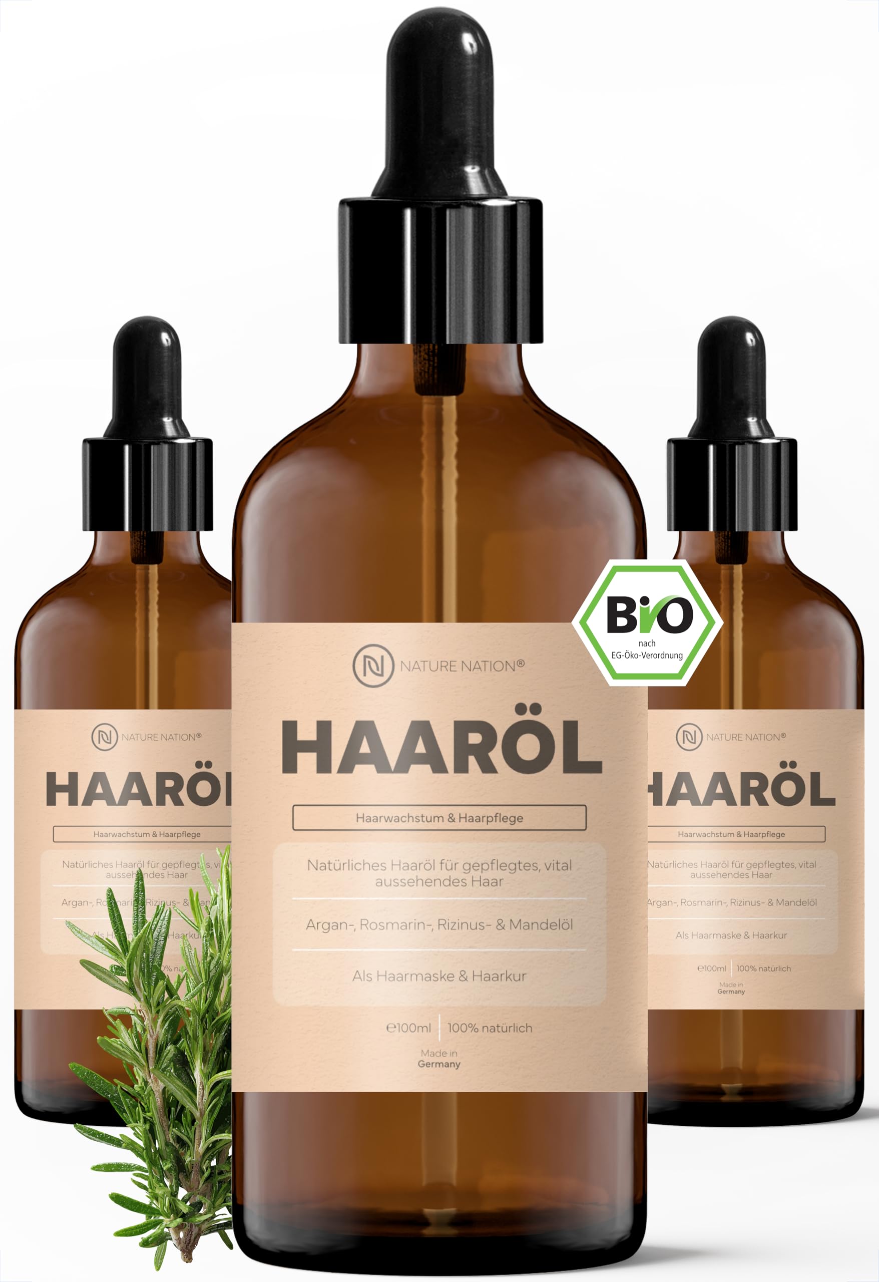 BIO Haaröl: Bei Haarausfall, Haarwachstum, Haarwuchs: Haare & Kopfhaut pflegen mit kaltgepresstem Arganöl, Rizinusöl, Mandelöl, Rosmarinöl (Rosmarin); Haarwuchsöl als Haarmaske & Haarkur (3 x 100ml)