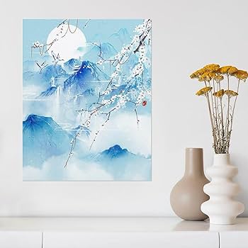 Amazon.co.jp: 絵画 山の景色と木インテリア 絵画 淡い空色の水墨画
