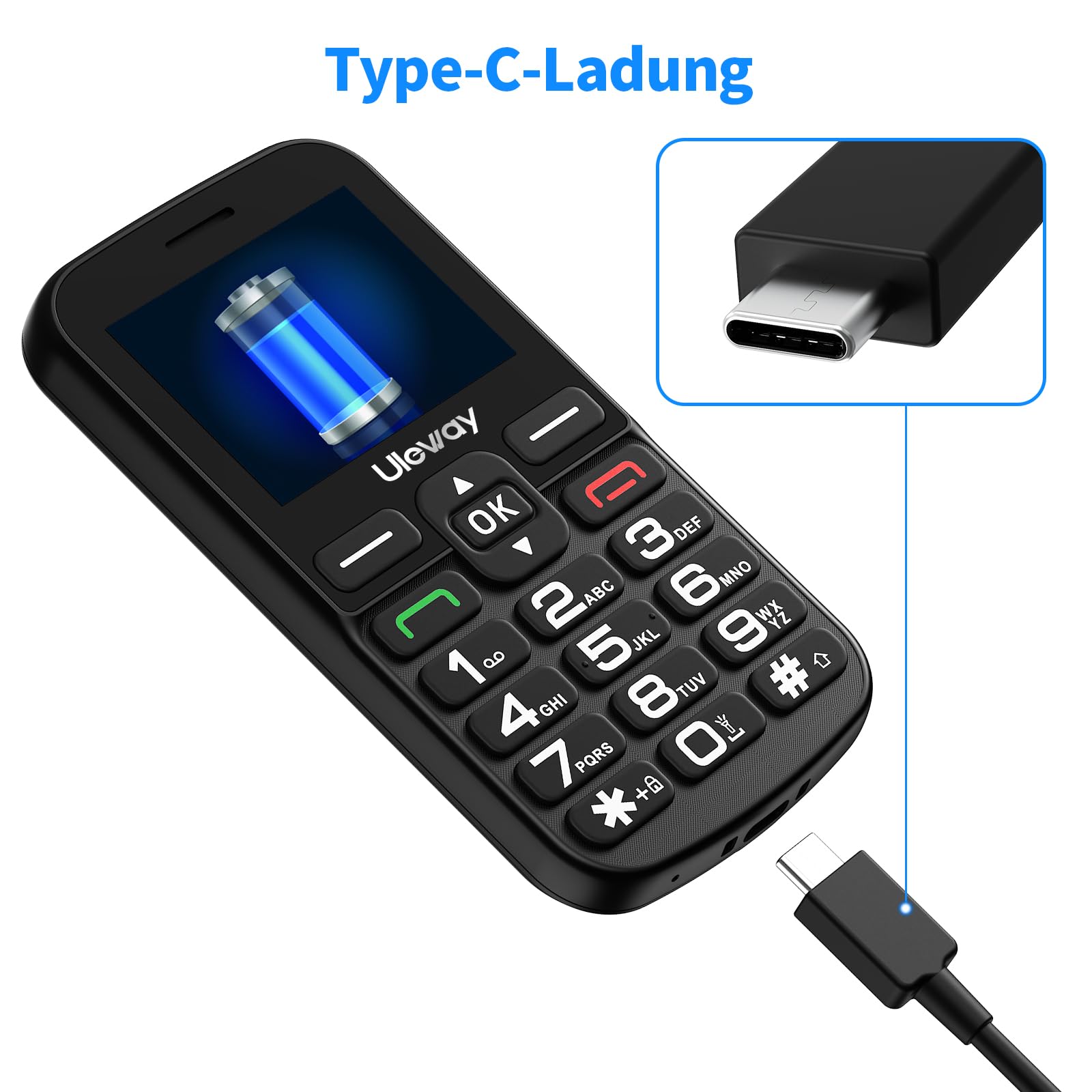 4G Seniorenhandy Ohne Vertrag mit Groüe Tasten | Großes 2,4-Zoll-IPS-Display | Dual Nano SIM Senioren Rentner Handy mit Notruftaste | Typ-C-Kabel | Hörgeräte Kompatibel | Tastenhandy mit Ladestation