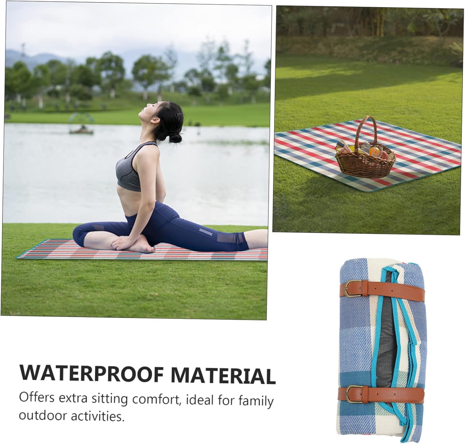 Picnic Mat with Pu Strap Portable Wear-Resistant Outdoor Blanket for Camping Hiking and for Family Trips Festivals and Sports Events Checkered