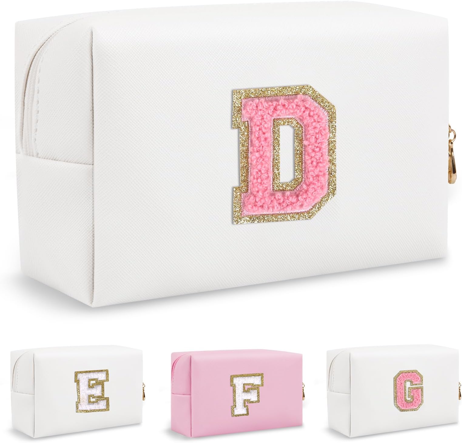 Personalized Chenille Letter Preppy Makeup Bag, Small Cute Mini Travel Cosmetic Bag Initial Toiletry Zipper Pouch Makeup Storage, Waterproof Makeup Case Travel Essentials for Her Daughter(Letter D)