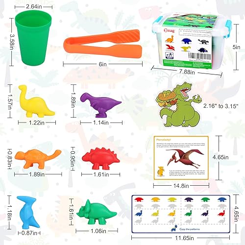 Miniatura 6 de AIM - Juego de juguetes sensoriales para contar dinosaurios. Este kit STEM viene empaquetado con 72 dinosaurios de colores y texturados, 6 tazas de