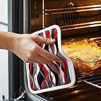 Vista 3 de Juego de 2 soportes para ollas de color rojo y negro, aislamiento térmico, almohadillas calientes geométricas grises y agarraderas para cocina, arte