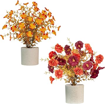 2 Pack Artificial Fall Flowers, Fake Small Plants Autumn Potted Flowers for Fall Table Centerpieces Thanksgiving Home Tabletop Office Bathroom Farmhouse Decor Orange Red
