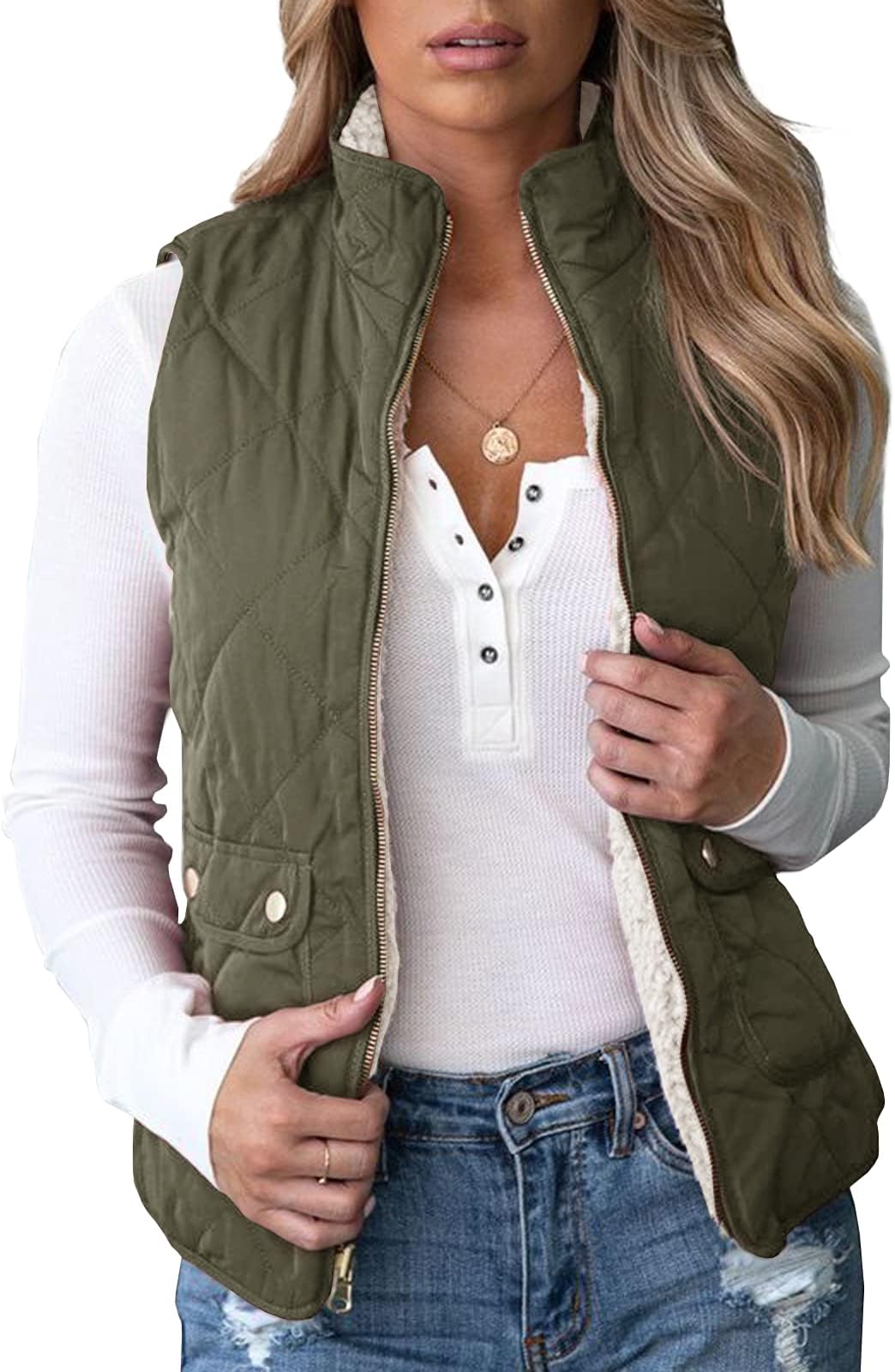 - Valphsio Womens Reversible Quilted Sherpa Fleece Vest Lightweight Sports Vest Coat