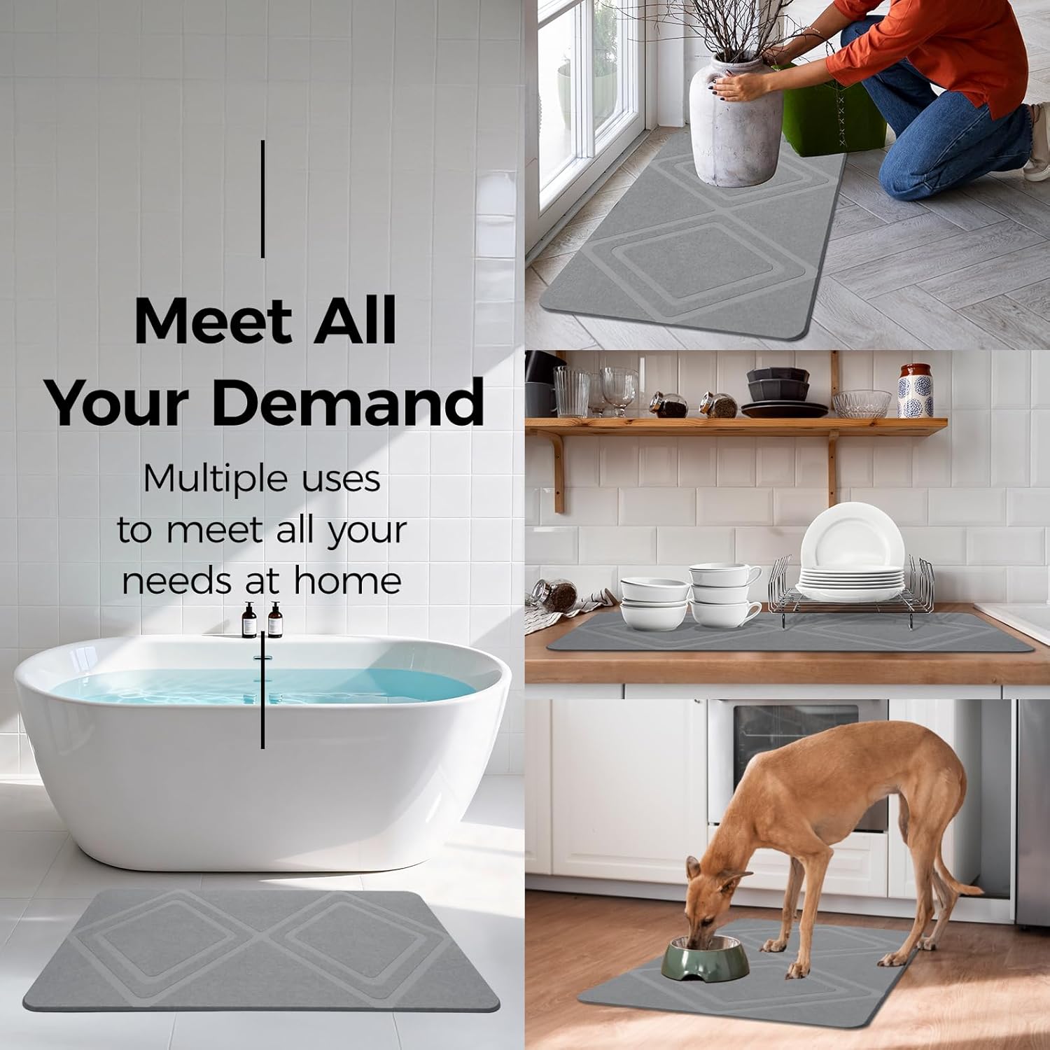 Extra Large Stone Bath Mat, 31.5“ x 20" Diatomaceous Earth Mat Diamond Pattern, Super Absorbent Quick Drying Stone Bath Mats for Bathroom, Easy to Clean (Light Grey)