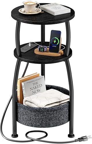 Miniatura 10 de Mesa auxiliar redonda pequeña para sala de estar con cesta de almacenamiento – Mesa auxiliar pequeña que ahorra espacio, mesita de noche de 3