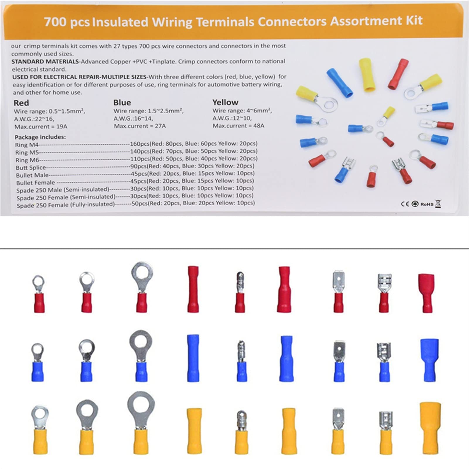 Pelacables Alicates de engarce Alicates de herramientas de engarce con 700 unids de cableado aislado Terminales Conectores Kit de surtido Conjunto de abrazadera de alta precisión(HS-30J Pliers)