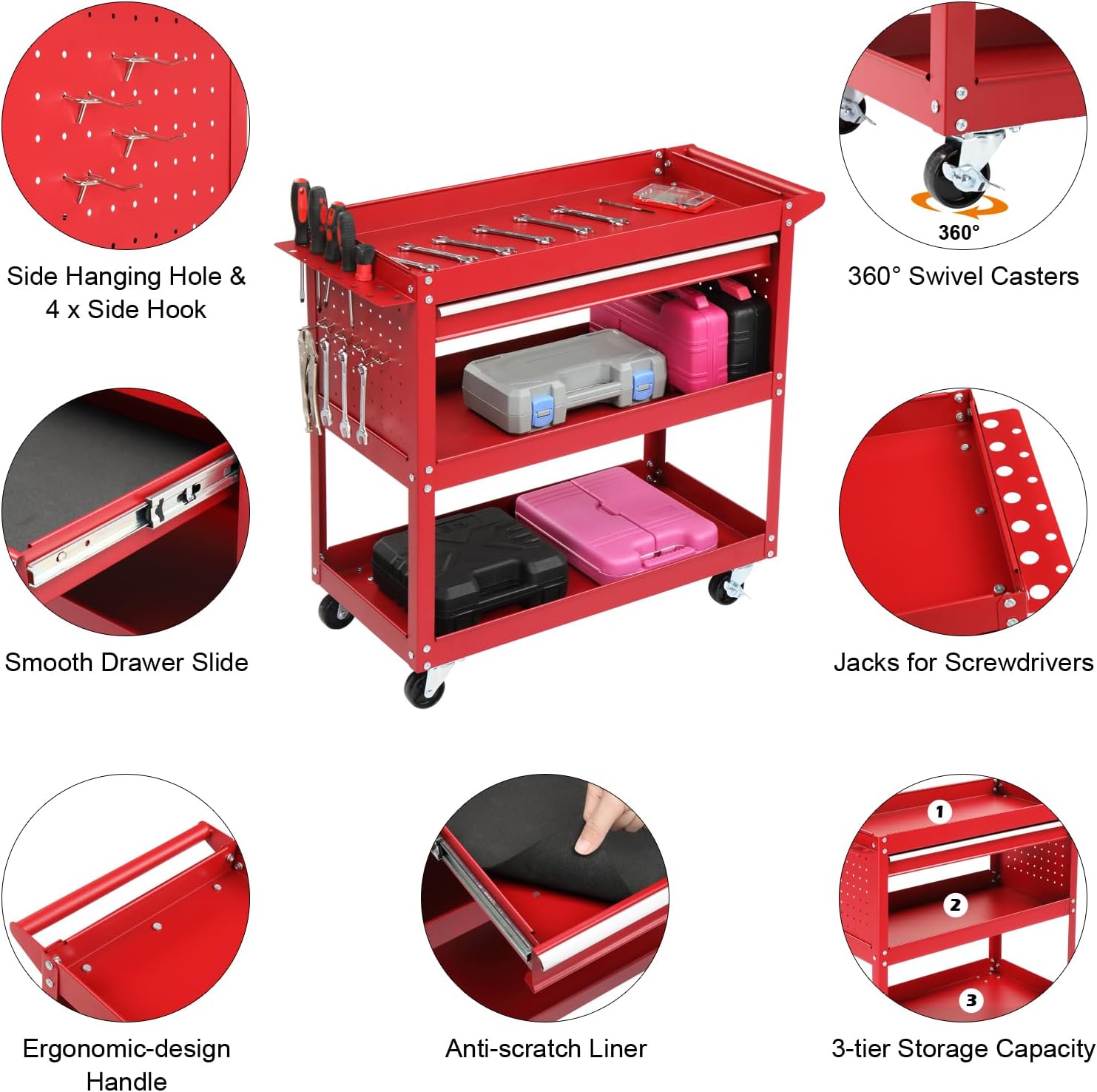 Winado 3 Tier Rolling Tool Cart with Drawers, Heavy Duty Utility Cart on Wheels, Rolling Tool Box for Garage, Warehouse, Factory, Red