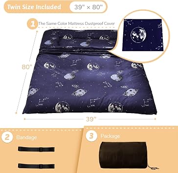 MAXYOYO Navy Space Adventure Japanese Floor Futon Mattress, Thicken Tatami Mat Sleeping Pad Foldable Roll Up Mattress Floor Lounger Couches and Sofas for Kids Twin Size