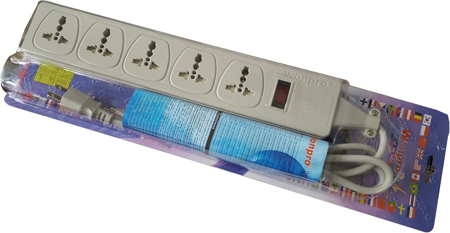 WES4.5-D105 Universal Power Strip 5-Outlet Surge Protector, 110V - 220V/250V
