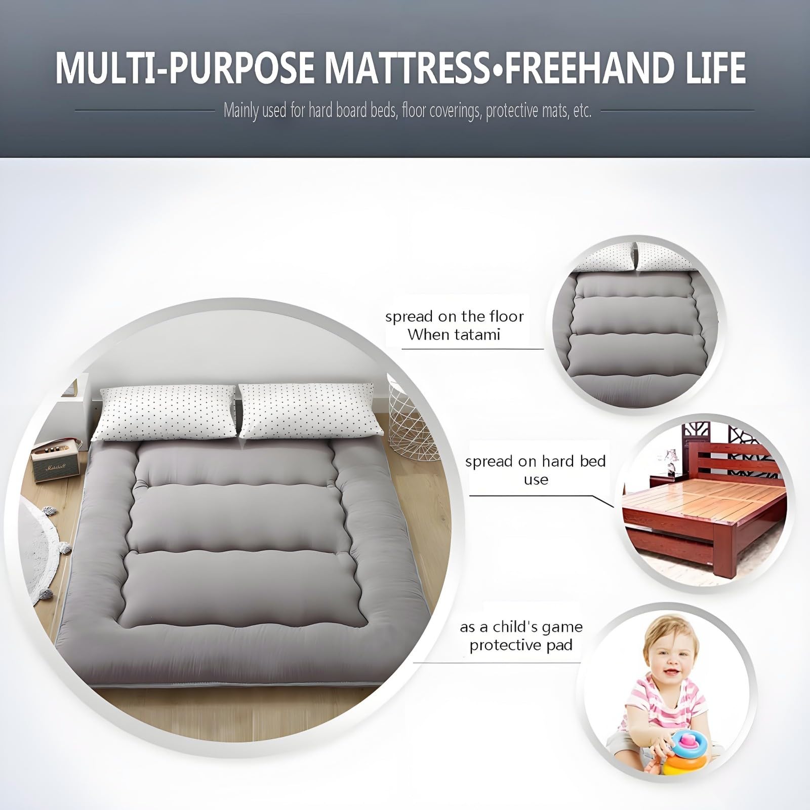 Generic Bodenmatratze, Faltbare Aufrollbare Futon-Matratze, Japanische Dicke Tatami-Matratze, Rutschfest Und Atmungsaktiv, Für Den Schlafsaal Zu Hause (90 x 200 cm), Grau, Mittel