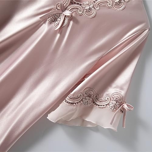 Vista 3 de Lu's Chic Camisón de satén para mujer, de lujo, de lujo, suave, de encaje, manga corta, cuello en V, camisa para dormir