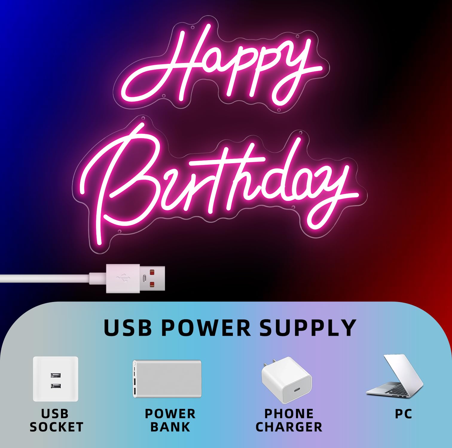Happy Birthday Neon Sign, rosa LED per festa di compleanno sfondo 56 x 42 cm | Cartello luminoso con scritta "Happy Birthday", per feste, camera da letto, riunione,
