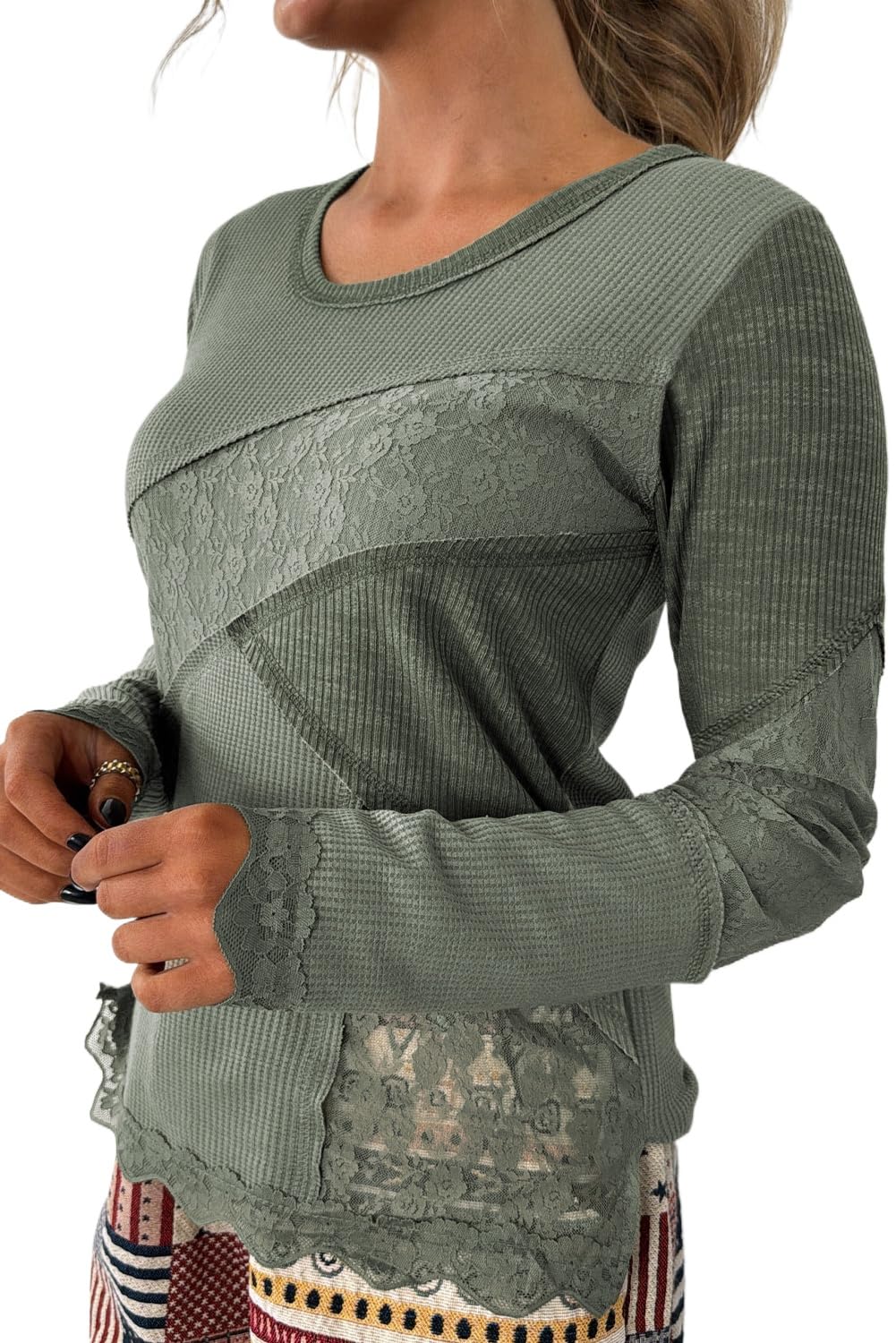 Tinycribz Women's Sage Green Stylish Lace Patchwork Long Sleeve Top – Perfect For ’S Fall Fashion | M