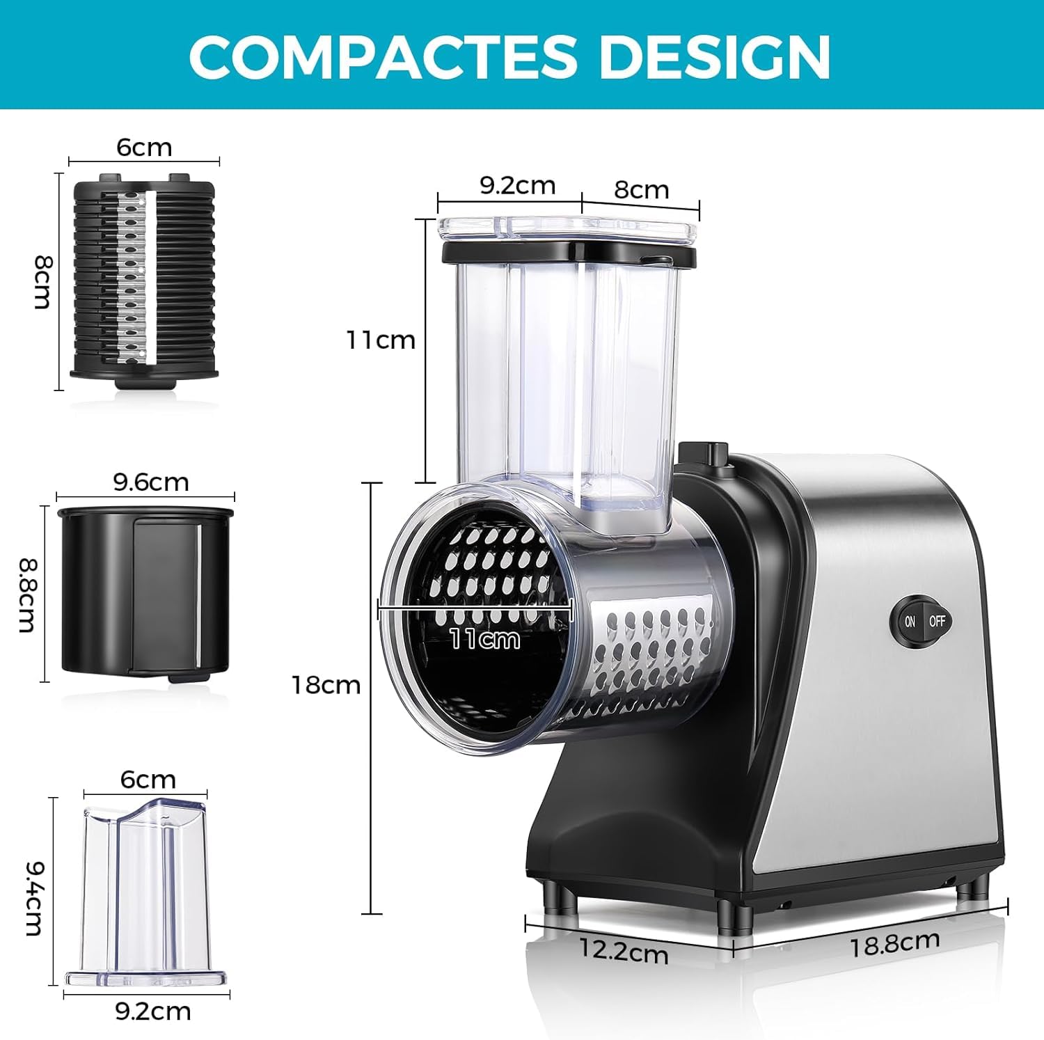 Nictemaw Cortador de verduras eléctrico, multifuncional, 5 en 1, 250 W, acero inoxidable, gran calibre, rallador de queso con 5 cuchillas para diferentes verduras | Rallador multifunción con 5 cuchillas intercambiables. Ideal para queso, verduras y uso di