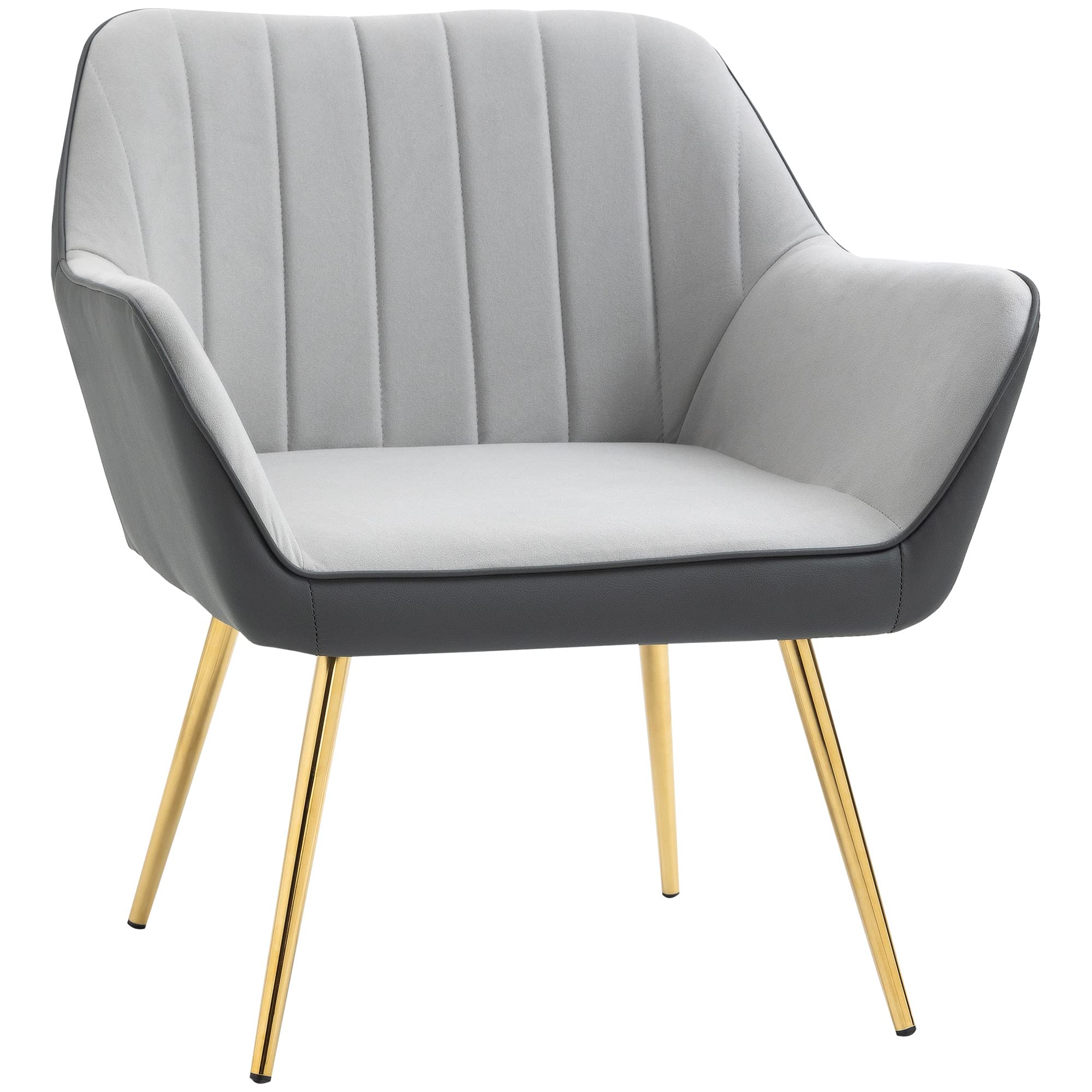 HOMCOM Butaca de Salón Sillón de Salón Tapizado en Cuero Sintético y Terciopelo con Reposabrazos Patas Doradas y Marco de Acero Butaca para Dormitorio Sala de Estar Carga 120 kg Gris