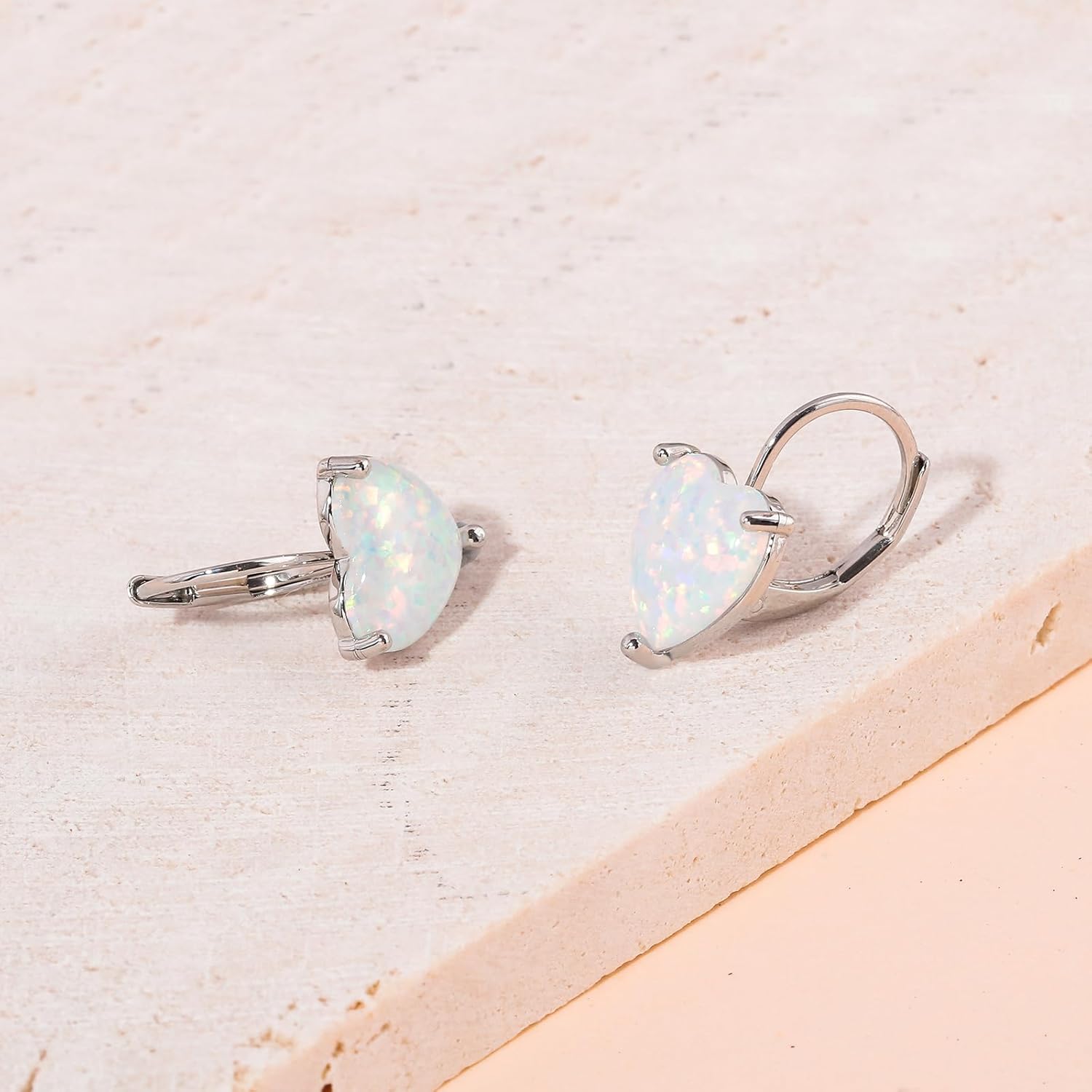 CiNily Heart Opal Earrings Short Leverback Drop Earrings for Women Hypoallergenic, Pendant Earrings 14K White Gold / Rose Gold Plated Hanging Lever Earrings Opal Hoops Fashion Jewelry Gifts for Sensitive Ears - Image 4