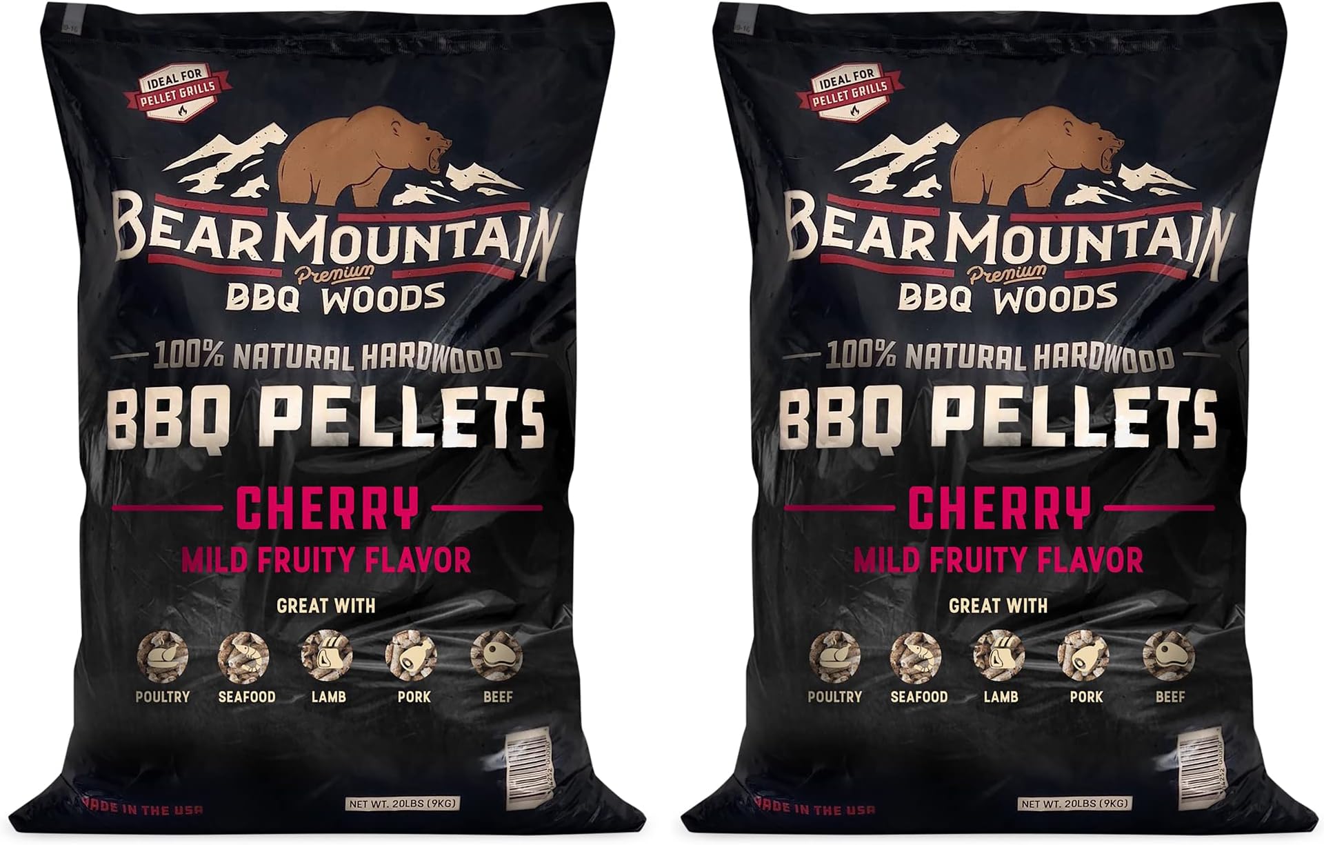 Bear Mountain 2-Pack All Natural Wood Pellets for Smoker, Grill & BBQ, 20 Lbs, Cherry - Premium Hardwood Barbecue Pellets for Indoor and Outdoor Grilling