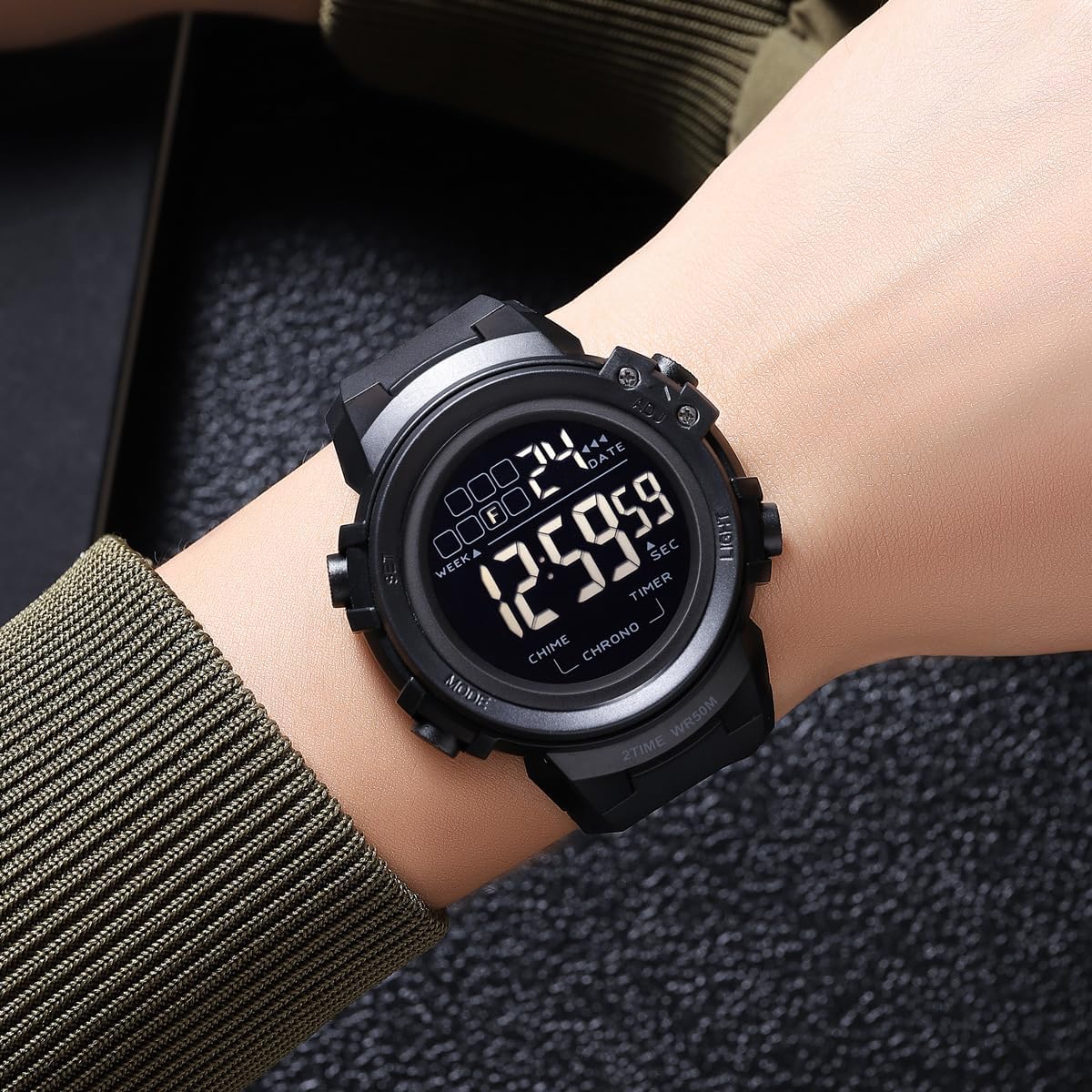 IJAHWRS Men's Digital Sports Watch, 50M Waterproof, LED Display, Military Style, Black image 8 of 9 B0DWNFZMV4