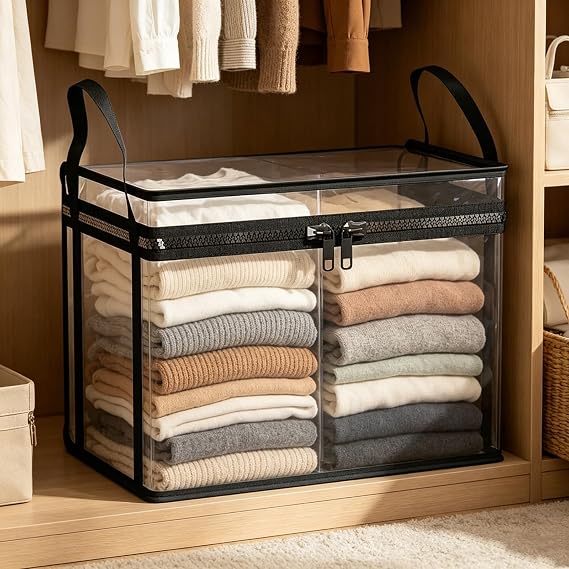 Clear Heavy Duty Storage Bins with Handle & Double Zipper Thick Plastic Moving Bags Waterproof Foldable Organizer for Clothes College Dorm Supplies Alternative to Moving Boxes (Black, Medium)