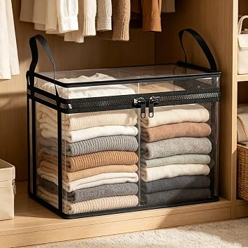 Clear Heavy Duty Storage Bins with Handle & Double Zipper Thick Plastic Moving Bags Waterproof Foldable Organizer for Clothes College Dorm Supplies Alternative to Moving Boxes (Black, Medium)