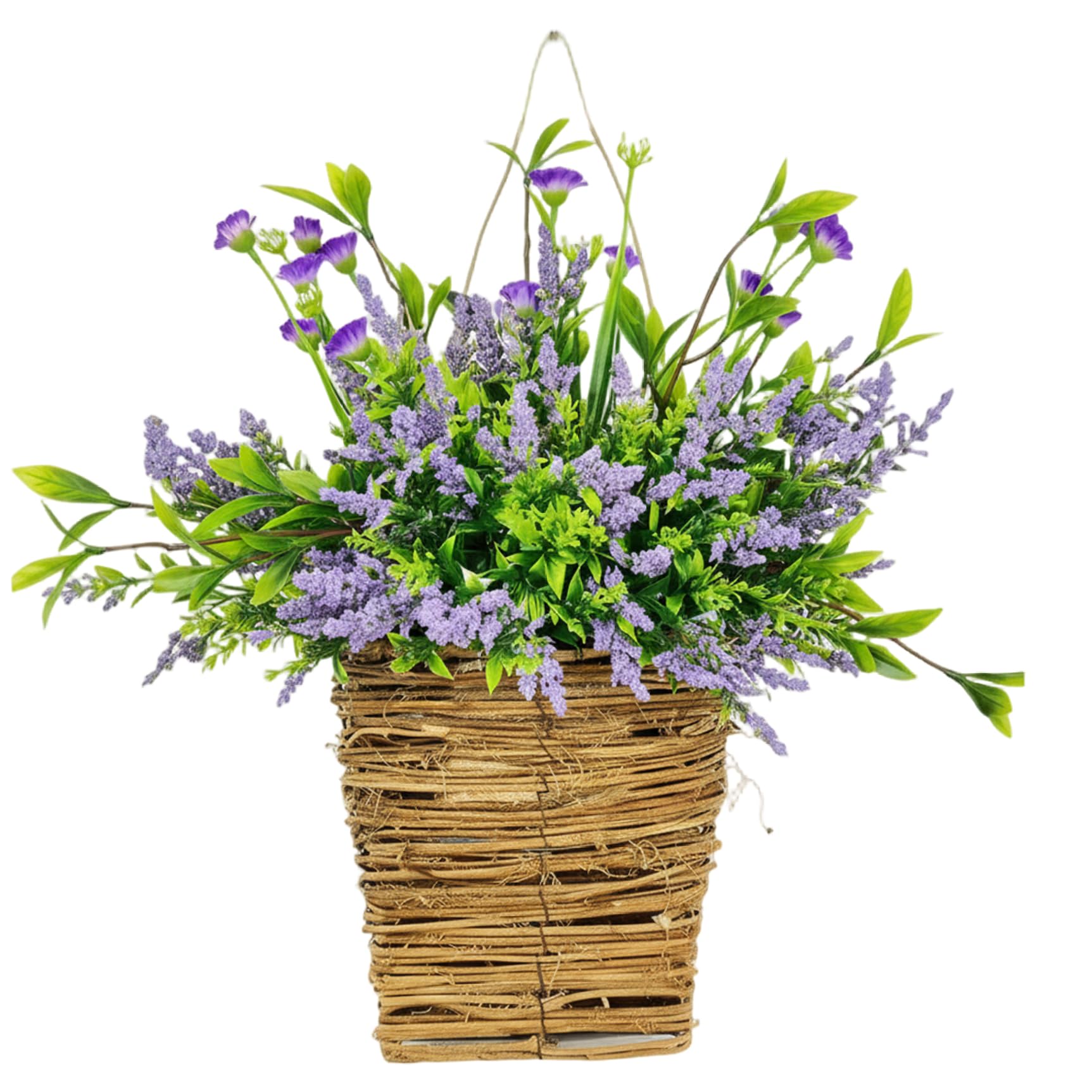 Ginwrek Front Door Hanging Basket Hanging Basket for Front Door Spring Summer Wreath with Burlap Bow, Victorian Style Porch Decor, Welcome Sign, Purple